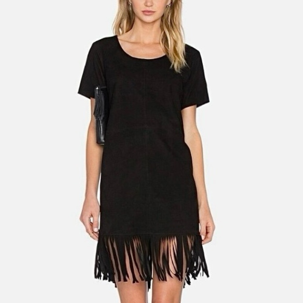 RtA Suede Leather Mini Dress Long Fringe Hem Black Sz XS Rocker Western Revolve